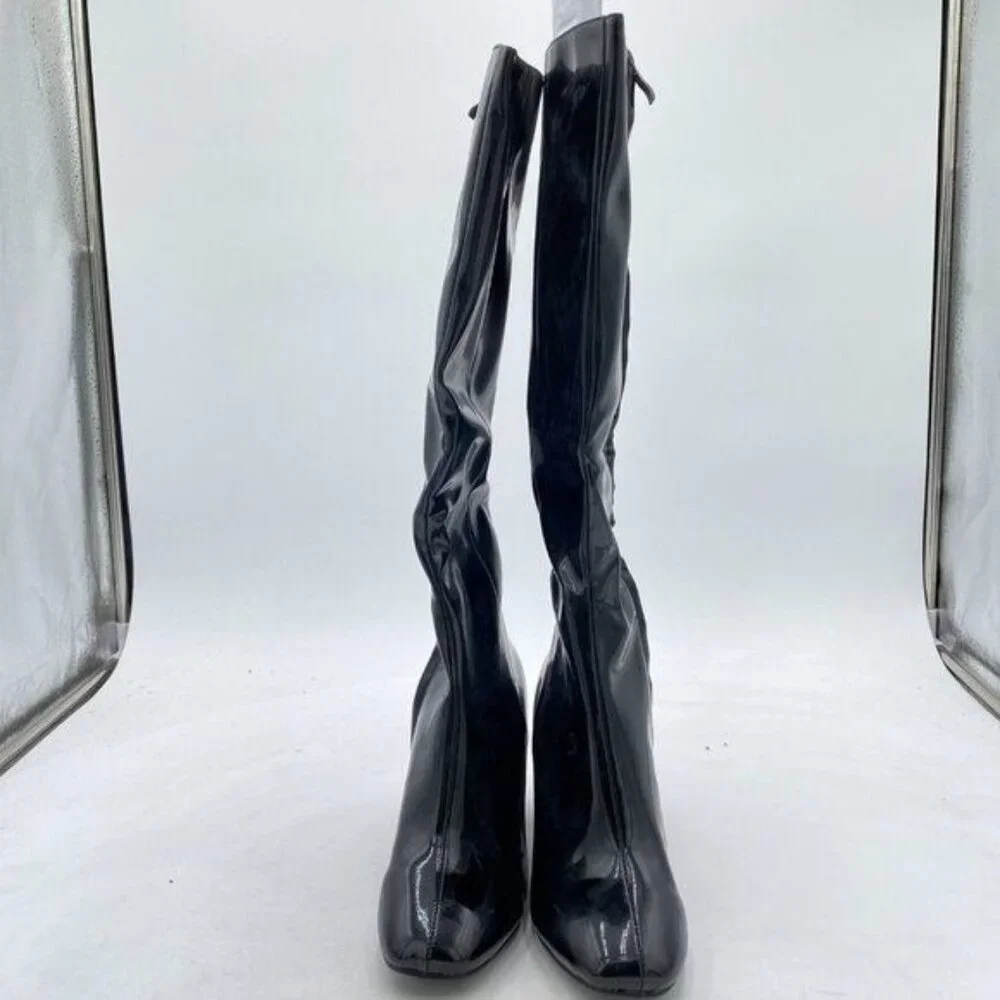 Black Round Toe Knee High Boots with Zipper Saddle Calf Stacked Block Heel Shoes
